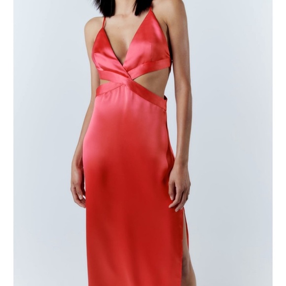NWT. Zara Coral Pink Satin Effect Cut Out V-neck Midi Dress. Size XS. - Picture 3 of 12